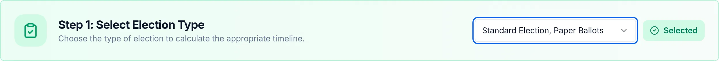 The Step 1 card of the calculator with Standard Election, Paper Ballots chosen in the election type dropdown